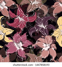 Seamless floral vector pattern with hand drawn lilies on black background