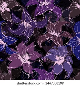 Seamless floral vector pattern with hand drawn lilies on black background