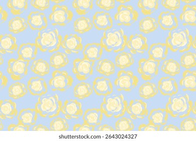 Padrão de vetor floral contínuo com rosas amarelas desenhadas à mão em um fundo azul pastel. Ornamento de natureza para tecido, envoltório de presente, papelaria de casamento, temas de primavera, desenhos femininos