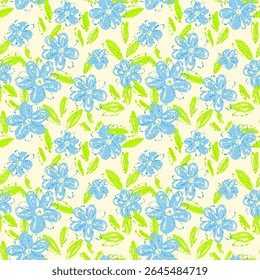 Seamless floral vector pattern with hand drawn  blue flowers and green leaves on a light beige background. Artistic and playful design for textiles and kids products, summer or spring decor