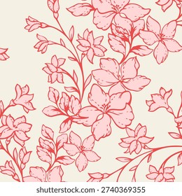 Seamless floral vector pattern with hand drawn blooming flowers and delicate branches in coral red tones on a white background. Elegant botanical design for fabric, wallpaper, stationery