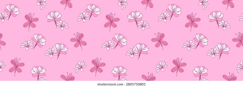 Seamless floral vector pattern with hand drawn delicate flowers in soft pink tones. Feminine and romantic botanical design, perfect for textiles, wallpapers, wedding decor and fashion prints.