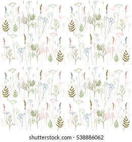 Seamless floral vector pattern and hand drawn meadow wild flowers  Thin delicate lines silhouettes different herbs   plants    lavender  dill  queen anne lace flower  fennel  