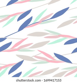 Seamless floral vector pattern. Hand-drawn colored pastel branches with leaves isolated on white background. Gentle plants ornament. Spring illustration for wallpaper, textile, prints, wrapping paper