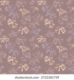 Padrão de vetor floral sem costura com flores desenhadas à mão em tons pastel bege e lavanda em um fundo mudo mauve. Textura botânica elegante para tecido, papel de parede, envoltório