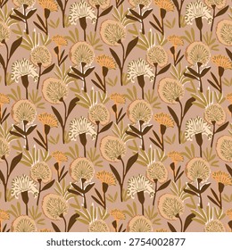 Seamless floral vector pattern with hand-drawn botanical elements in earth tones.
Retro style hand-drawn wildflower seamless pattern for textile and wallpaper design.Boho botanical seamless background with abstract floral motifs and organic shapes.