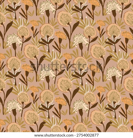 Seamless floral vector pattern with hand-drawn botanical elements in earth tones.
Retro style hand-drawn wildflower seamless pattern for textile and wallpaper design.Boho botanical seamless background with abstract floral motifs and organic shapes.
