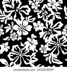 Seamless floral vector pattern, ink effect, handmade fashionable drawing for fabric design, decor, ceramics, greeting cards, flowers, texture print on black and white backgrounds