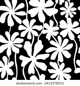 Patrón vectorial floral sin fisuras, efecto de tinta, dibujo a la moda artesanal para el diseño de tela, decoración, cerámica, tarjetas de felicitación, flores, impresión de textura sobre fondo blanco y negro