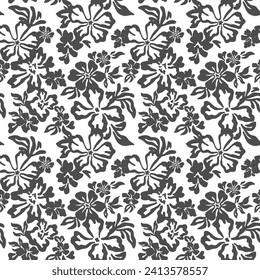 Seamless floral vector pattern, ink effect, handmade fashionable drawing for fabric design, decor, ceramics, greeting cards, flowers, texture print on black and white backgrounds