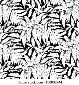 Seamless floral vector pattern inspired by leaves of tropical plants and nature, mostly ferns and palm trees in black and white colors