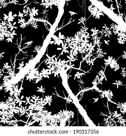 Seamless floral vector pattern inspired by plants and nature of jungle and rainforests, with silhouettes of tropical trees and leaves, small birds and hummingbirds in black and white colors