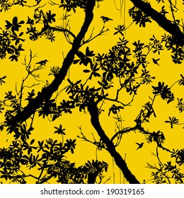 Seamless floral vector pattern inspired by plants and nature of jungle and rainforests, with silhouettes of tropical trees and leaves, small birds and hummingbirds in black and yellow colors