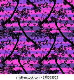 Seamless floral vector pattern inspired by plants and nature of jungle and rainforests, with silhouettes of tropical trees and leaves, small birds and hummingbirds in black on sunset pink colors