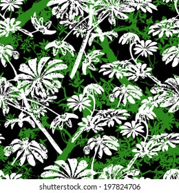 Seamless floral vector pattern inspired by plants and nature of jungle and rainforests, with silhouettes of tropical trees and leaves in black, white and green colors