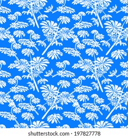 Seamless floral vector pattern inspired by plants and nature of jungle and rainforests, with silhouettes of tropical trees and leaves in blue and white colors