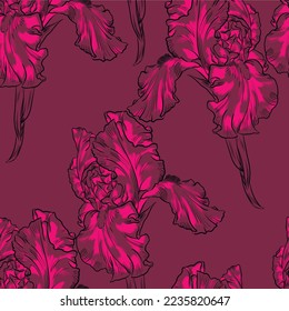 Seamless floral vector pattern with irises in magenta colour on bright dark red background.