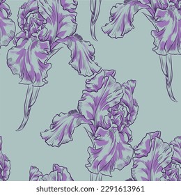 Seamless floral vector pattern with irises in lilac colour on pastel blue-grey background.