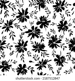 Seamless floral vector pattern with leaves and blooms. Hand drawn black paint illustration with abstract floral motif. Graphic hand drawn brush stroke botanical pattern. 