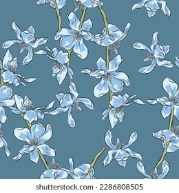 Seamless floral vector pattern with light blue flowers on branch on pastel blue background.