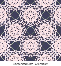 Seamless floral vector pattern. Light pink flowers on dark blue background. Ornamental decorative pattern with stylized lace-like flowers