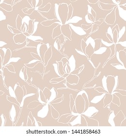 Seamless floral vector pattern with magnolia blossom. Vintage stylized. Modern trendy graphic design template for poster, card, banner, cover, textile, fabric, wrapping.