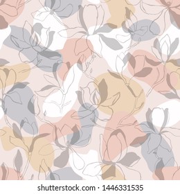 Seamless floral vector pattern with magnolia blossom. Vintage stylized. Modern trendy graphic design template for poster, card, banner, cover, textile, fabric, wrapping.