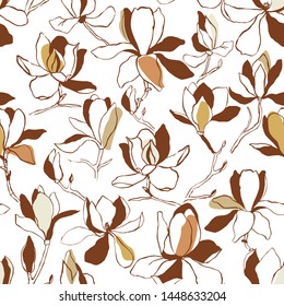 Seamless floral vector pattern with magnolia blossom. Vintage stylized. Modern trendy graphic design template for poster, card, banner, cover, textile, fabric, wrapping.