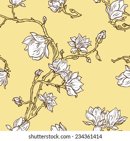 Seamless floral vector pattern with magnolia  blossom. Vintage stylized. Can be used for fabrics, wallpapers, scrap-booking, etc  