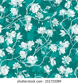 Seamless floral vector pattern with magnolia blossom. Vintage stylized. Can be used for cards, invitations, fabrics, wallpapers, scrap-booking, ornamental template for design and decoration, etc
