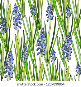 Seamless floral vector pattern Muscari flower hand drawn illustration isolated on white background, graphic hyacinth colorful texture for package, florist shop, cosmetic design, wedding invitation