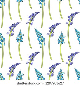 Seamless floral vector pattern Muscari flower hand drawn ink sketch isolated on white background, colorful hyacinth decorative texture for package, florist shop, cosmetic design, wedding invitation