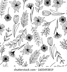 Seamless floral vector pattern on white background. Nature leaves and flowers wallpaper. For print textile, wrapping paper. Hand drawn leaf texture. For decor and design of fabric, packaging.