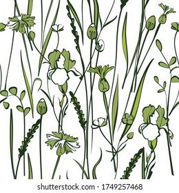 Seamless floral vector pattern on a white background. Delicate wild flowers for wedding invitations, greeting cards and business cards.