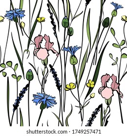 Seamless floral vector pattern on a white background. Delicate wild flowers for wedding invitations, greeting cards and business cards.