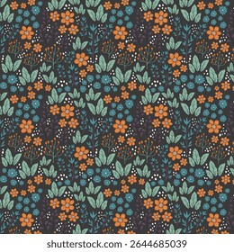 Seamless floral vector pattern with orange and teal flowers on dark background, hand-drawn botanical leaves and whimsical garden elements