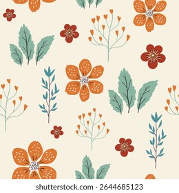 Padrão de vetor floral sem costura com flores laranja e vermelhas no fundo de creme, elementos botânicos desenhados à mão e ilustrações de folhas simples
