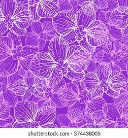 Seamless floral vector pattern. Orchid. Pink and violet  tropical flowers. Sketch. Hand drawn illustration.