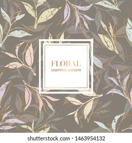 Seamless floral vector pattern with pastel color and gold leaves