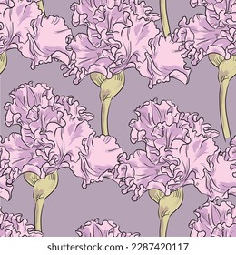 Seamless floral vector pattern with pastel pink carnation flower on light lilac background.