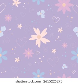 Seamless floral vector pattern with pastel daisies, hearts, and swirls on a soft purple background. Ideal for romantic, kids, or spring-themed designs, fabric, and wrapping paper.