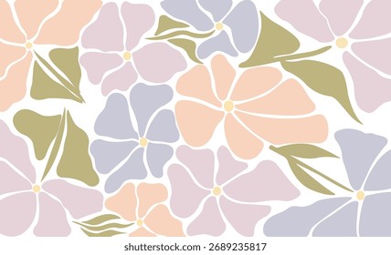 Patrón de Vector floral sin fisuras con flores abstractas pastel y hojas verdes sobre fondo blanco. Diseño minimalista suave para textiles, Fondo de pantalla, embalaje y estampados decorativos modernos