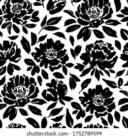 Seamless floral vector pattern with peonies, roses, anemones. Hand drawn black paint illustration with abstract flowers. Graphic hand drawn brush stroke botanical pattern. Leaves and blooms.