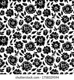 Seamless floral vector pattern with peonies, roses, anemones. Hand drawn black paint illustration with abstract flowers. Graphic hand drawn brush stroke botanical pattern. Leaves and blooms.