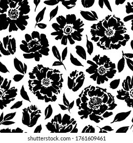 Seamless floral vector pattern with peonies, roses, anemones. Hand drawn black paint illustration with abstract flowers. Graphic hand drawn brush stroke botanical pattern. Leaves and blooms.