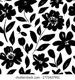 Seamless floral vector pattern with peonies, roses, anemones. Hand drawn black paint illustration with abstract floral motif. Graphic hand drawn brush stroke botanical pattern. Leaves and blooms.