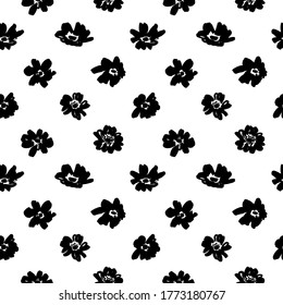 Seamless floral vector pattern with peonies, roses, anemones. Hand drawn black paint illustration with abstract floral motif. Graphic hand drawn brush stroke botanical pattern. Daisy or chamomile. 