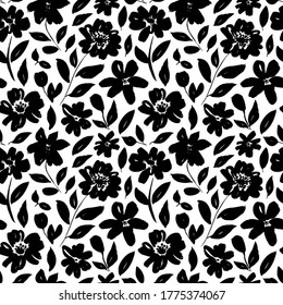Seamless floral vector pattern with peonies, roses, anemones. Hand drawn black paint illustration with abstract floral motif. Graphic hand drawn brush stroke botanical pattern. Leaves and blooms.