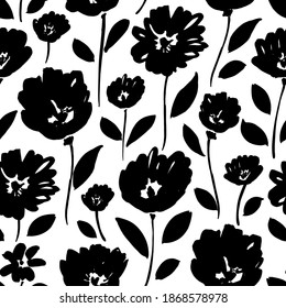 Seamless floral vector pattern with peonies, roses, anemones. Hand drawn black paint illustration with abstract floral motif. Graphic hand drawn brush stroke botanical pattern. Leaves and blooms.