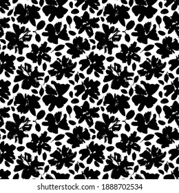 Seamless floral vector pattern with peonies, roses, anemones. Hand drawn black paint illustration with abstract floral motif. Graphic hand drawn brush stroke botanical pattern. Leaves and blooms.